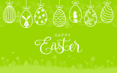 Happy easter card with easter bunny and hanging easter eggs backgroundのイラスト素材