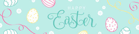 Happy easter banner with easter eggs, ribbon and spring flowers flat design vectorのイラスト素材