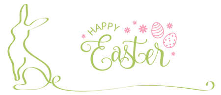 Happy easter bunny with easter eggs and text calligraphy banner isolatedのイラスト素材