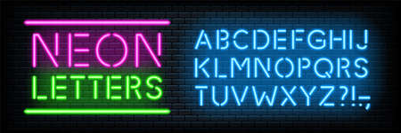 Neon glowing light letters font set collection vectorのイラスト素材