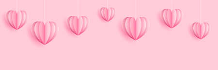 Pink hearts paper craft cut out seamless background bannerのイラスト素材