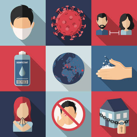 Coronavirus Covid-19 virus precautions flat design icons setのイラスト素材