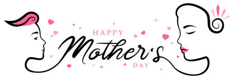 Happy mothers day handwritten text with mother, child and heartsのイラスト素材