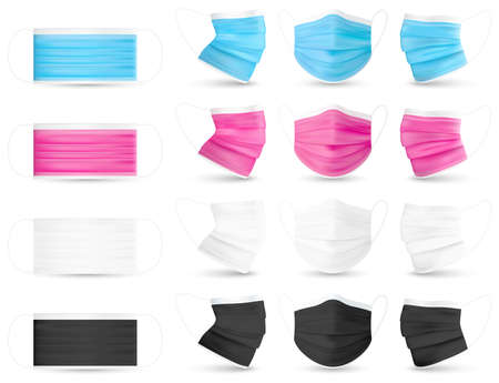 Colorful medical face masks set isolated on white background. Realistic 3D vector illustration design. Coronavirus protectionのイラスト素材