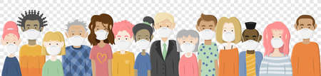 Group of people wearing corona virus flu protection face masks transparent background vector illustrationのイラスト素材