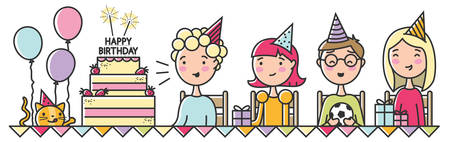Happy group of children celebrating birthday party line art vectorのイラスト素材