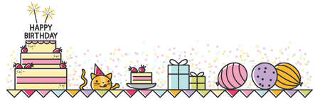 Happy birthday celebration banner invitation with cake, gifts and balloons isolatedのイラスト素材
