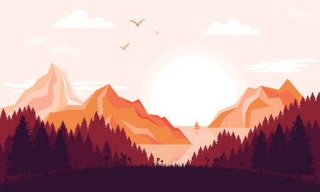 Nature landscape with forest trees and sun in the mountains and lakeのイラスト素材