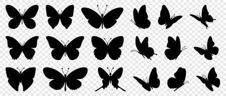 Flying butterflies silhouette black set isolated on transparent backgroundのイラスト素材