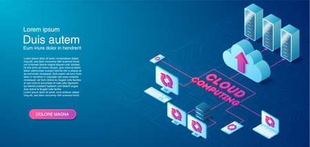 Cloud computing concept. Cloud storage server isometric vector illustration. Modern cloud technology banner background.のイラスト素材