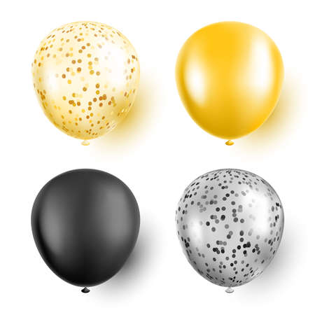 Golden and black confetti balloons isolated vector illustration setのイラスト素材