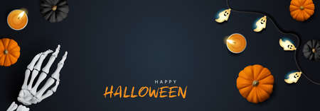 Halloween banner background with pumpkins, skeleton hand and candles vector illustrationのイラスト素材