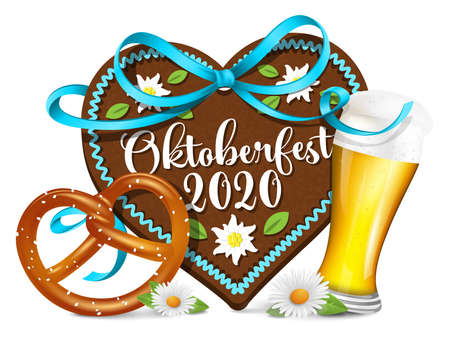 Oktoberfest 2020 gingerbread heart with pretzel and beer illustration vector symbol isolatedのイラスト素材