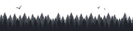Forest trees and flying birds silhouette seamless pattern background illustrationのイラスト素材