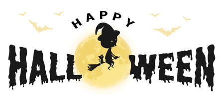 Happy Halloween logo symbol sign with a flying witch and a full moon isolatedのイラスト素材