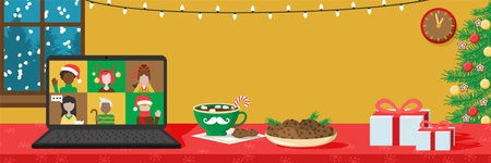 Christmas online celebration party background illustration flat designのイラスト素材