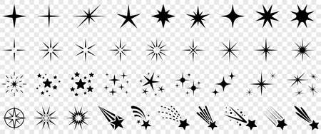 Black stars icons symbols vector set collection on transparent backgroundのイラスト素材