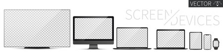 Screen device mockup black dark. TV, PC, laptop, tablet, smartphone and smartwatch blank screens. Realistic media gadgets with transparent screen for presentation. Vector illustrationのイラスト素材