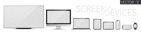 Screen device mockup. TV, PC, laptop, tablet, smartphone and smartwatch blank screens. Realistic media gadgets with transparent screen for presentation. Vector illustrationのイラスト素材
