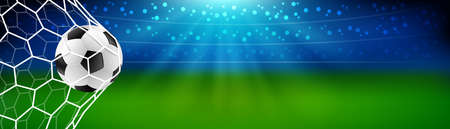 Soccer football in the goal net with stadium background. european or world championship. vector illustration bannerのイラスト素材