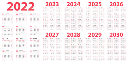 Simple minimal calendar set for 2022 - 2030. Vector illustration calendar red blackのイラスト素材