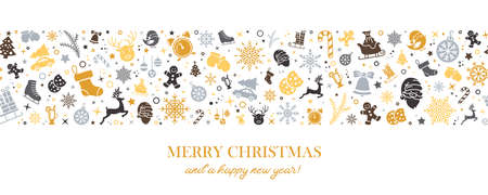 Merry christmas card with christmas icons banner illustration vector designのイラスト素材