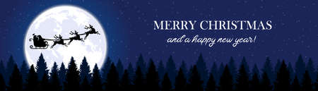 Merry christmas and happy new year card. Christmas sleigh on moon night forest background silhouette. vector graphicのイラスト素材