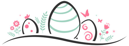 Painted easter eggs with butterflies and spring flowers. Line art vector design bannerのイラスト素材