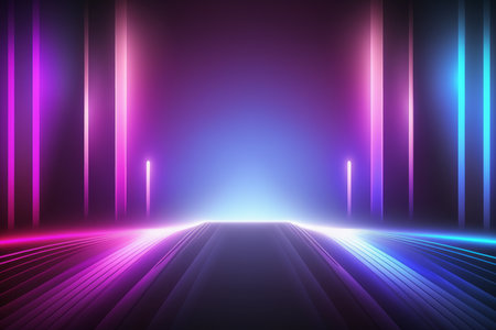 Abstract glowing blue purple neon lights background illustration. Generative AIの素材