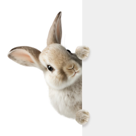 Cute baby rabbit peeks out from a corner isolated on a white background. Generative AIの素材