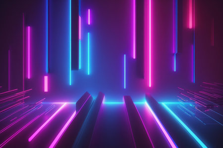 Abstract glowing blue purple neon lights background illustration. Generative AIの素材