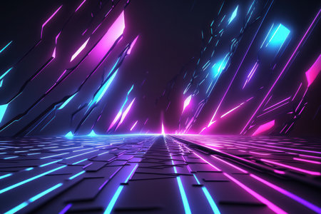 Abstract glowing blue purple neon lights background illustration. Generative AIの素材