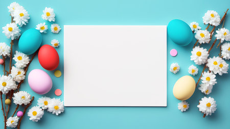 Easter eggs with spring flowers. Blank paper with easter composition frame. Generative AIの素材