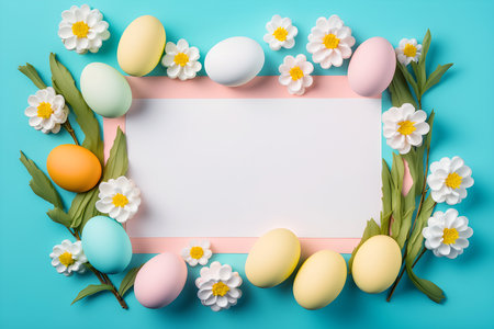 Easter eggs with spring flowers. Blank paper with easter composition frame. Generative AIの素材