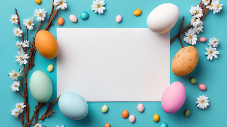 Easter eggs with spring flowers. Blank paper with easter composition frame. Generative AIの素材