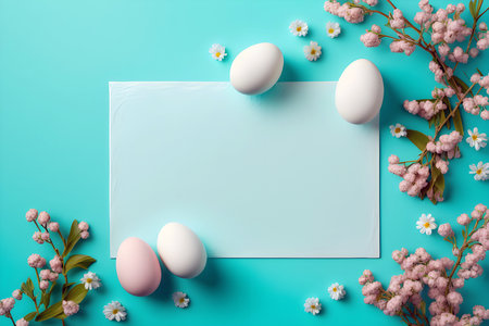 Easter eggs with spring flowers. Blank paper with easter composition frame. Generative AIの素材