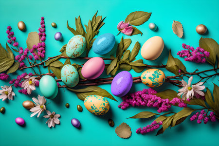 Colorful easter eggs with spring flowers composition. Generative AIの素材