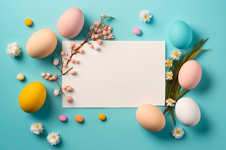 Easter eggs with spring flowers. Blank paper with easter composition frame. Generative AIの素材