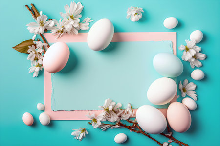 Easter eggs with spring flowers. Blank paper with easter composition frame. Generative AIの素材