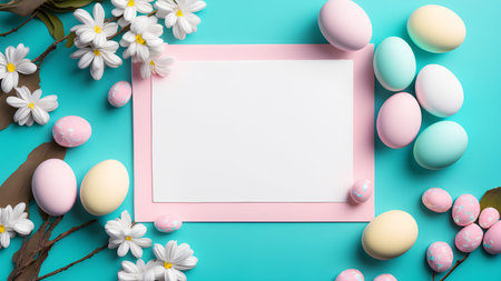 Easter eggs with spring flowers. Blank paper with easter composition frame. Generative AIの素材