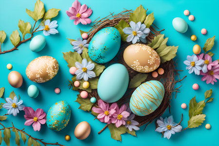Colorful easter eggs with spring flowers in nest composition. Generative AIの素材