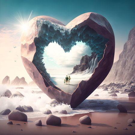 Heart shaped from rocks. Family runs through the heart on the beach. family love and future concept. AI generatedの素材