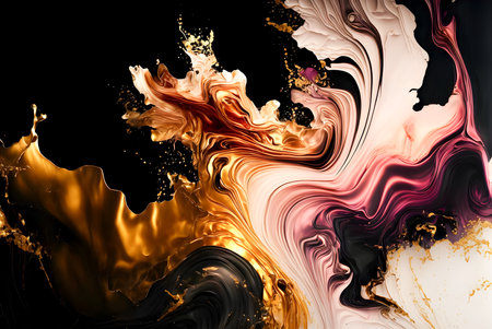 Marble ink rose pink black white gold abstract background. Modern luxury alcohol ink painting. Generative AIの素材