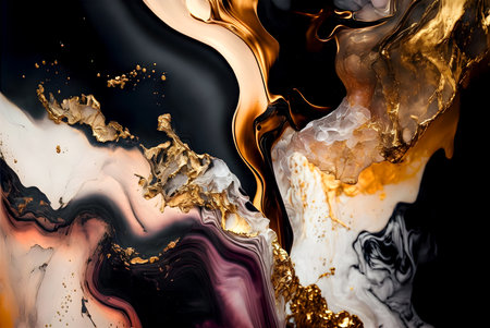 Marble ink rose pink black white gold abstract background. Modern luxury alcohol ink painting. Generative AIの素材