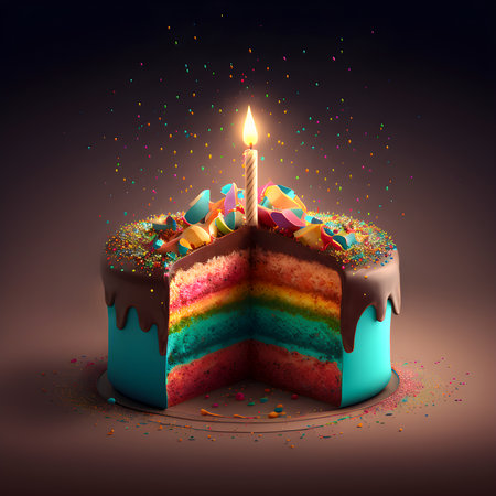 Colorful birthday cake with candle and sprinkles 3D Rendering. AI generatedの素材