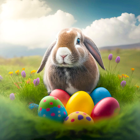 Cute easter bunny with easter eggs in flowery meadow. AI generatedの素材