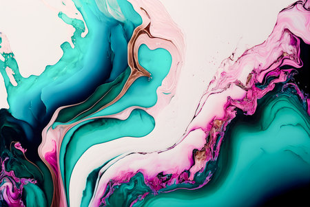 Marble ink light pink teal gold abstract background. Modern luxury alcohol ink painting. Generative AIの素材