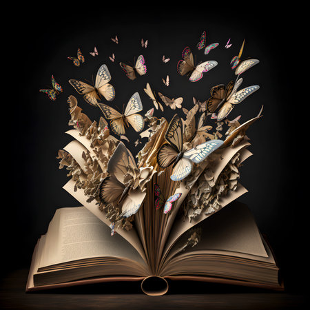 Open old book from which butterflies fly. Education concept design. AI generatedの素材