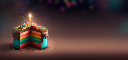 Colorful birthday cake with candle and sprinkles with confetti 3D Rendering Banner. AI generatedの素材