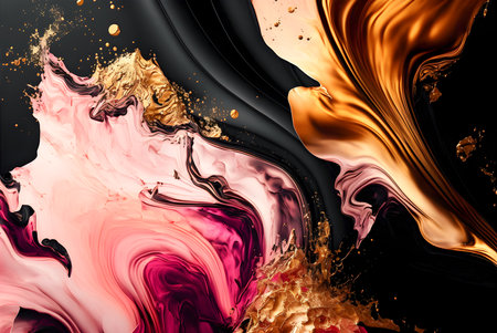 Marble ink rose pink black white gold abstract background. Modern luxury alcohol ink painting. Generative AIの素材